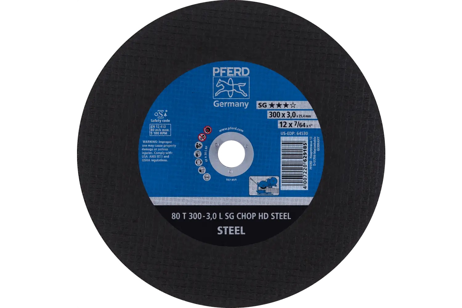 Picture of Pferd Large Diameter Cut-Off Wheel 12" X 7/64 X 1, Sg Chop Hd Steel, L, Aluminum Oxide
